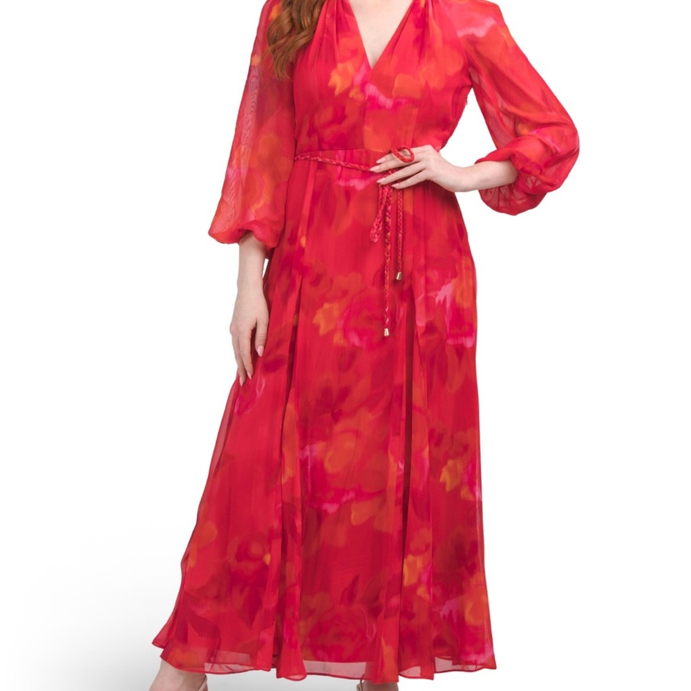 Ann Taylor Vibrant Red and Pink Long Sleeve Dress